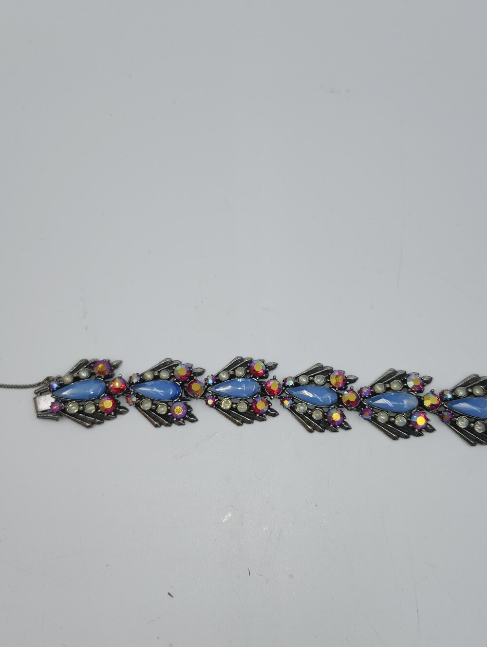 RARE Vintage Florenza Blue Faux Moonstone & Rhinestone Bracelet